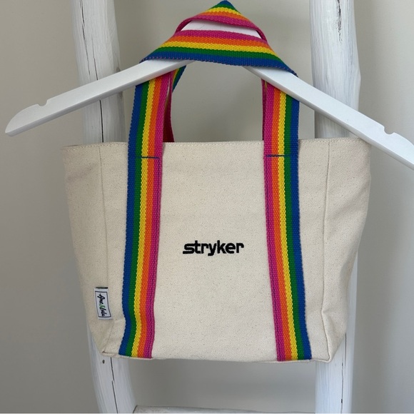 Ame and Lulu Custom Stryker Mini Canvas Cream Tote Bag with Rainbow Straps - Picture 1 of 12